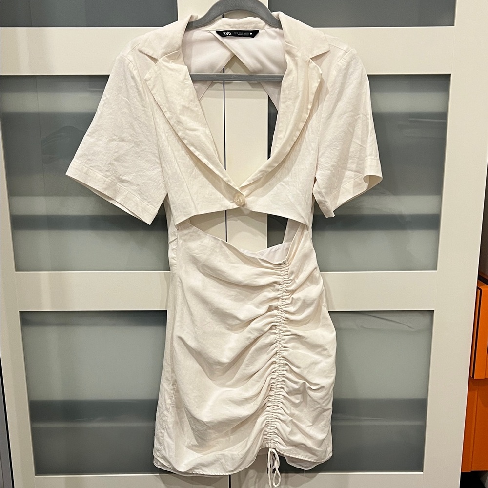 Zara Cream Ruched Cut-Out Mini Dress